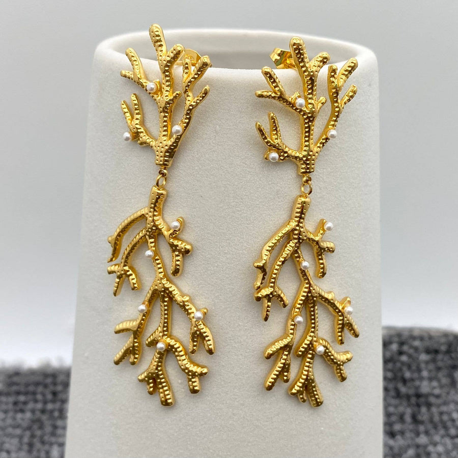 Inlaid Pearl Coral 18K Gold Plated Post Earrings - Robin Boutique