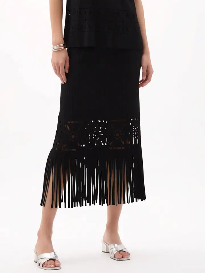 Pleated Cutout Skirt with Fringe by EllyNDale Robin Boutique