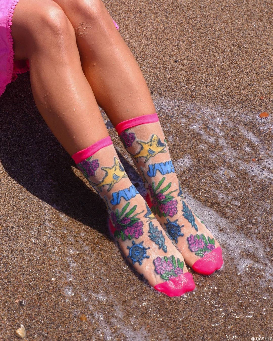 JAWS Aquatic Florals Shimmer Sheer Crew Sock
