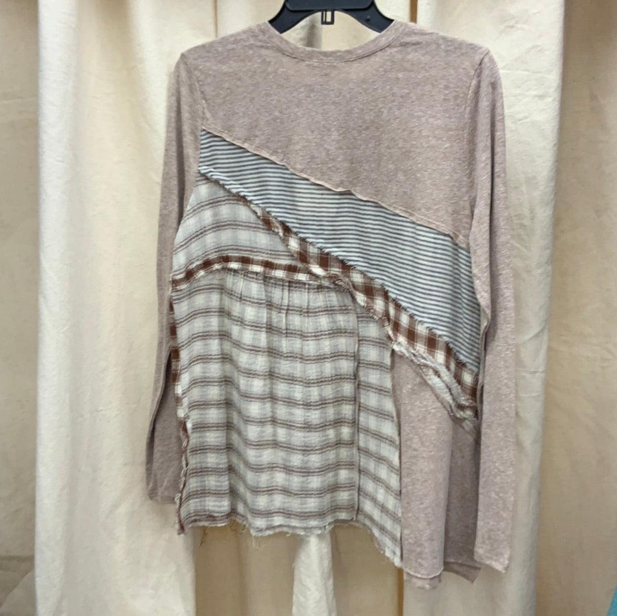 Easel Long Sleeve Mixed Media Plaid Top - Robin Boutique-Boutique 