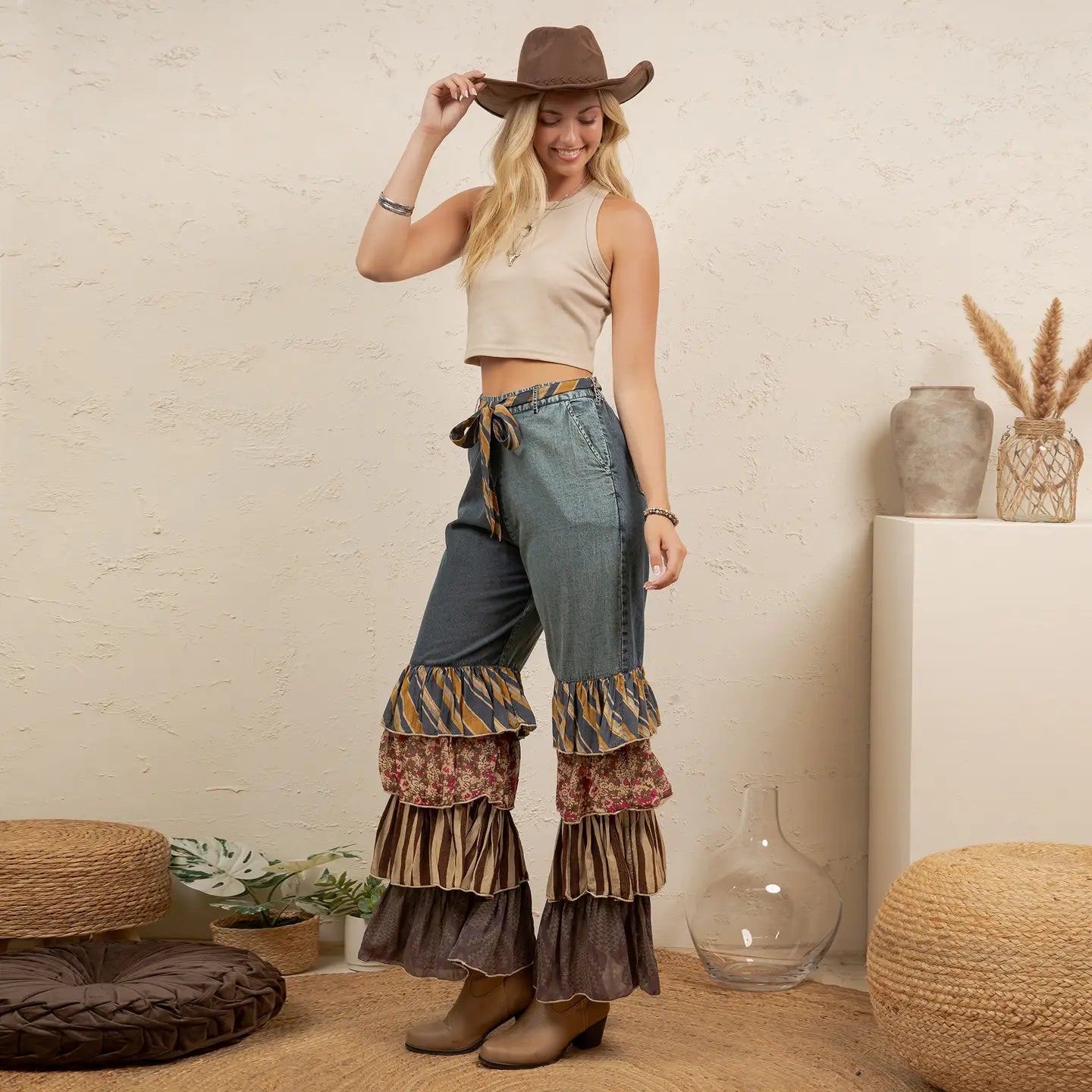 Mixed Print Ruffle Flare Pants by Young Threads Robin Boutique