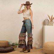 Mixed Print Ruffle Flare Pants by Young Threads