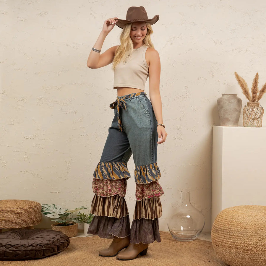 Mixed Print Ruffle Flare Pants by Young Threads
