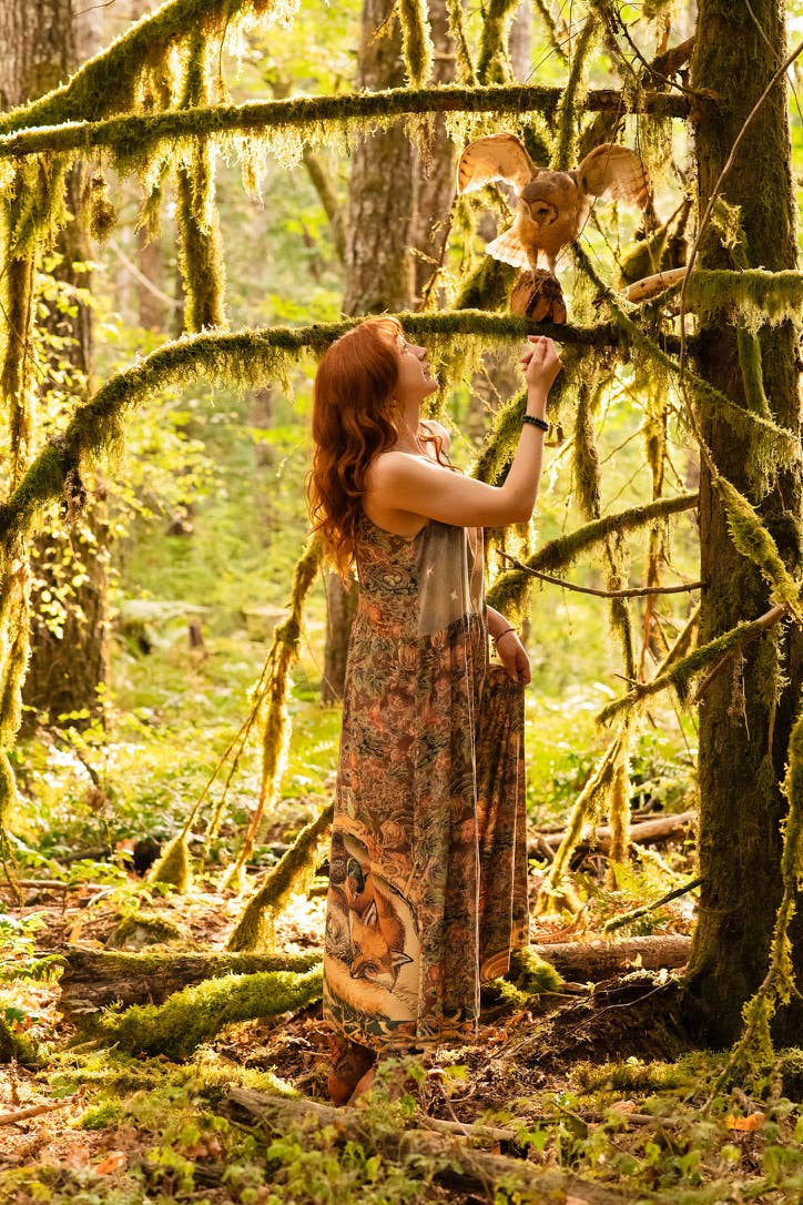 Woodland Wisdom Bohéme Maxi Slip Dress w/ Florals, Fox & Owl
