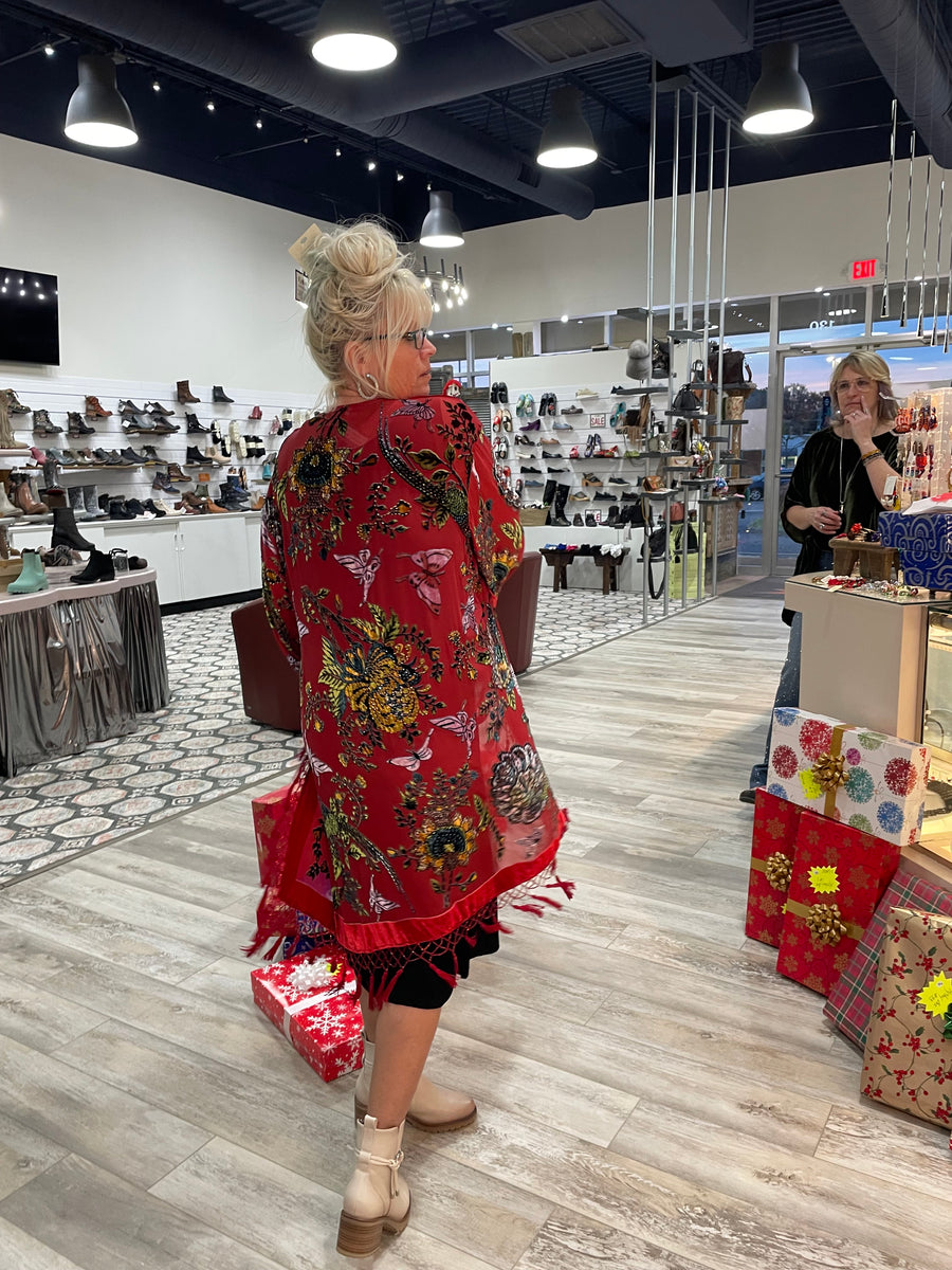 Silk Burnout Velvet Fringe Flutter Kimono by Aris A