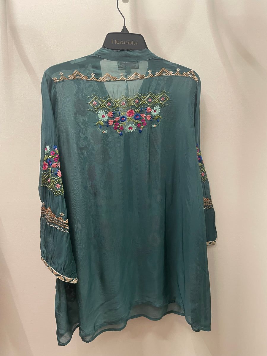 Embroidered Mandarin Collar Tunic in Teal by All About Her