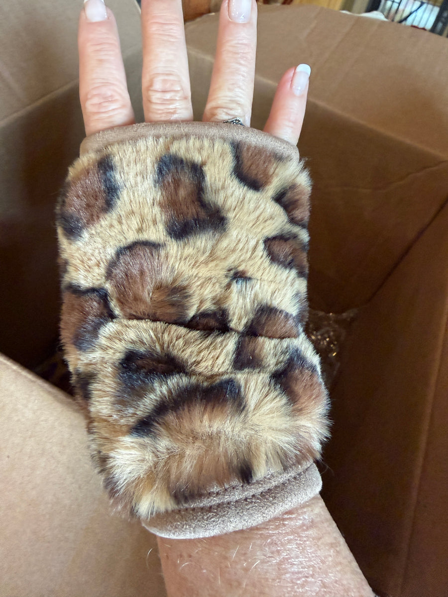 Animal Print Fingerless Fake Fur Gloves in Taupe Robin Boutique