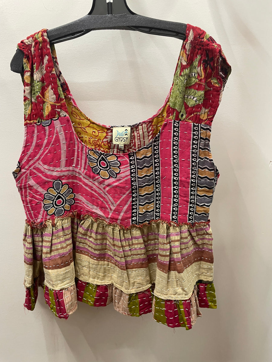 Kantha Sunrise "Dove" Sleeveless Ruffle Tank by Jaded Gypsy