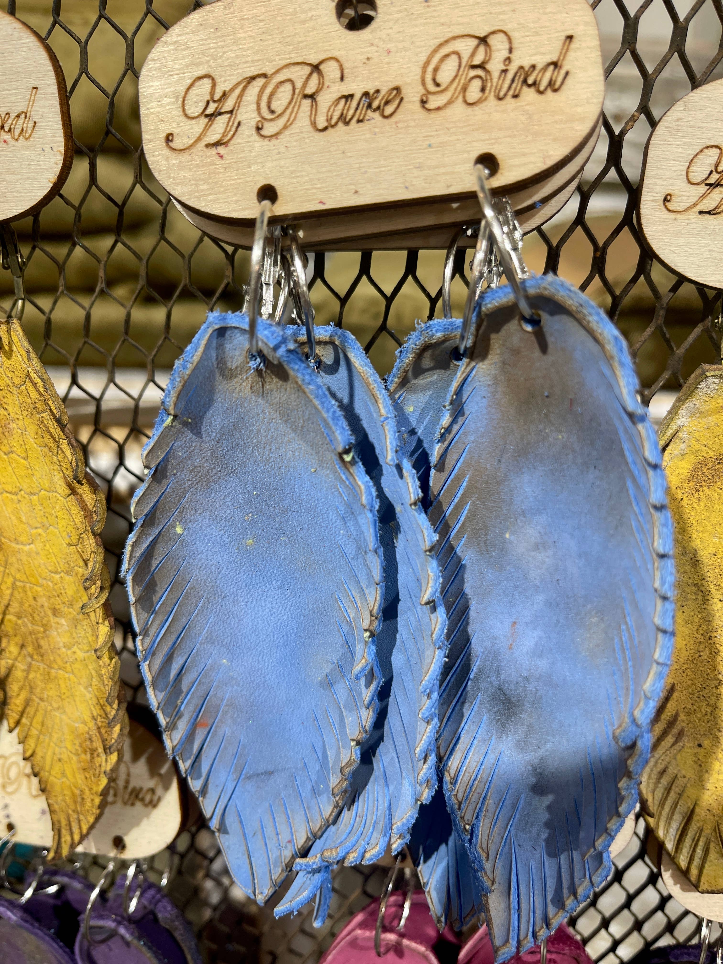 Hand-cut Periwinkle Leather Feather Earrings Robin Boutique