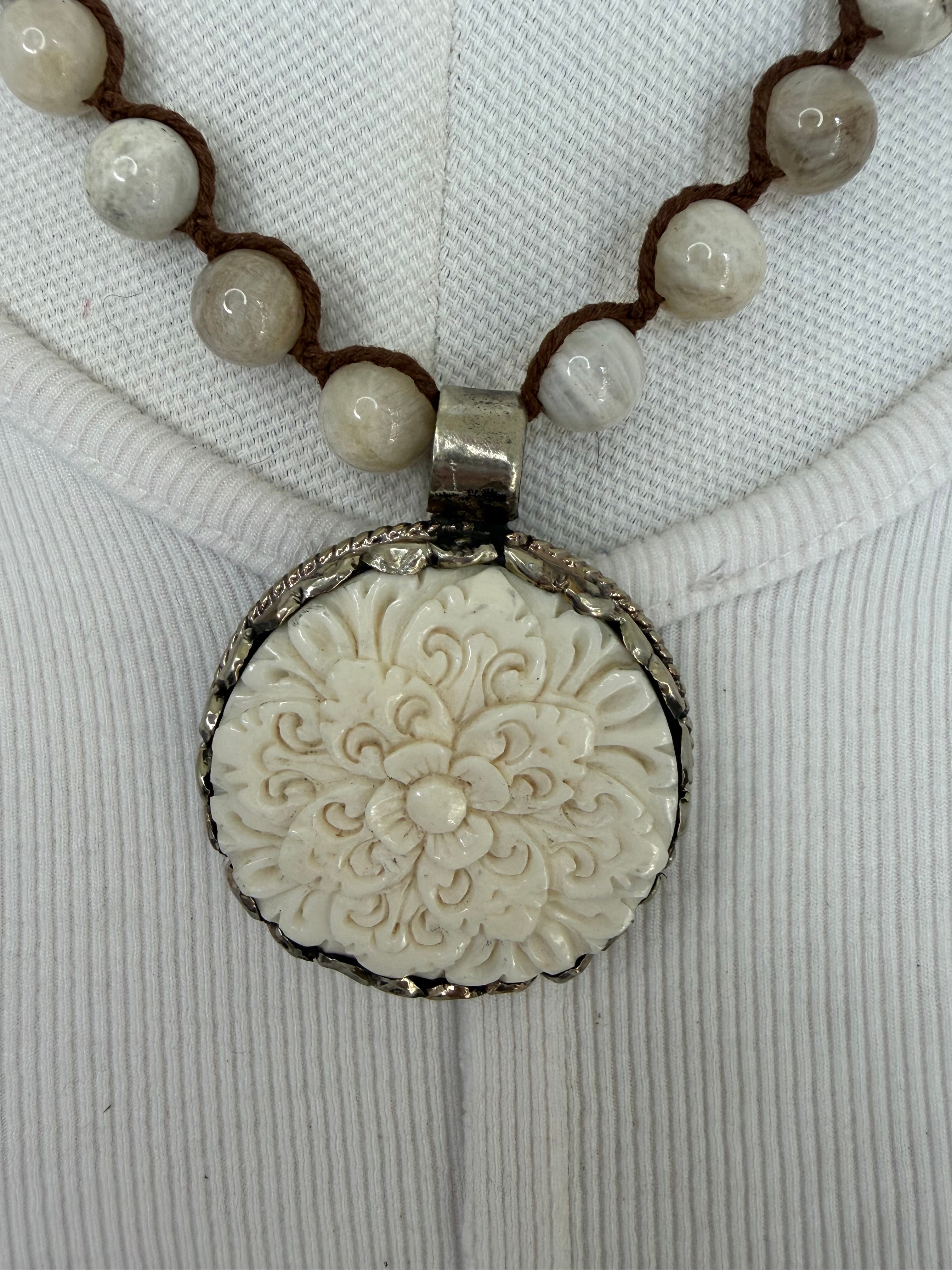 Ivory Bloom Carved Bone Necklace