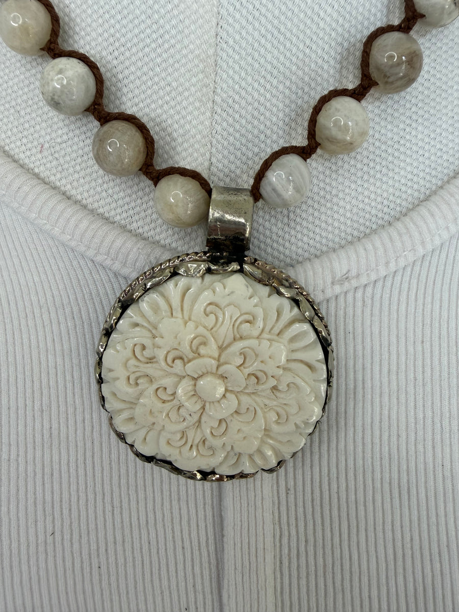 Ivory Bloom Carved Bone Necklace