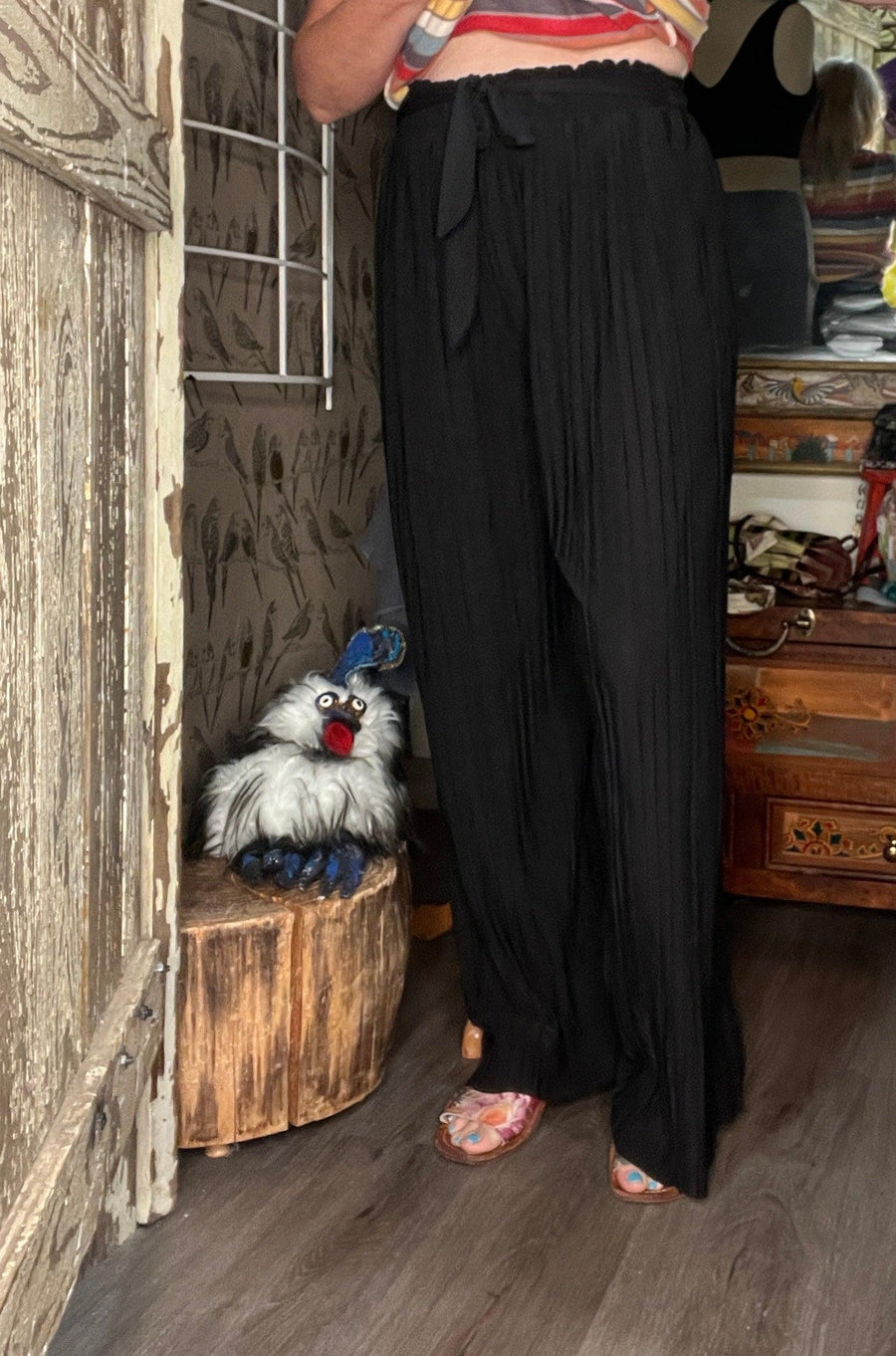 Solid Pleated Pants with Self Sash PB902A Black - Robin Boutique-Boutique 