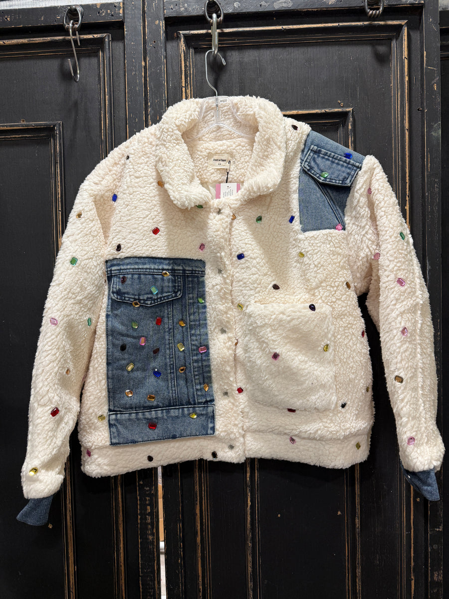 Front view of Gemstone Sherpa Denim Jacket By Davi & Dani - Robin Boutique