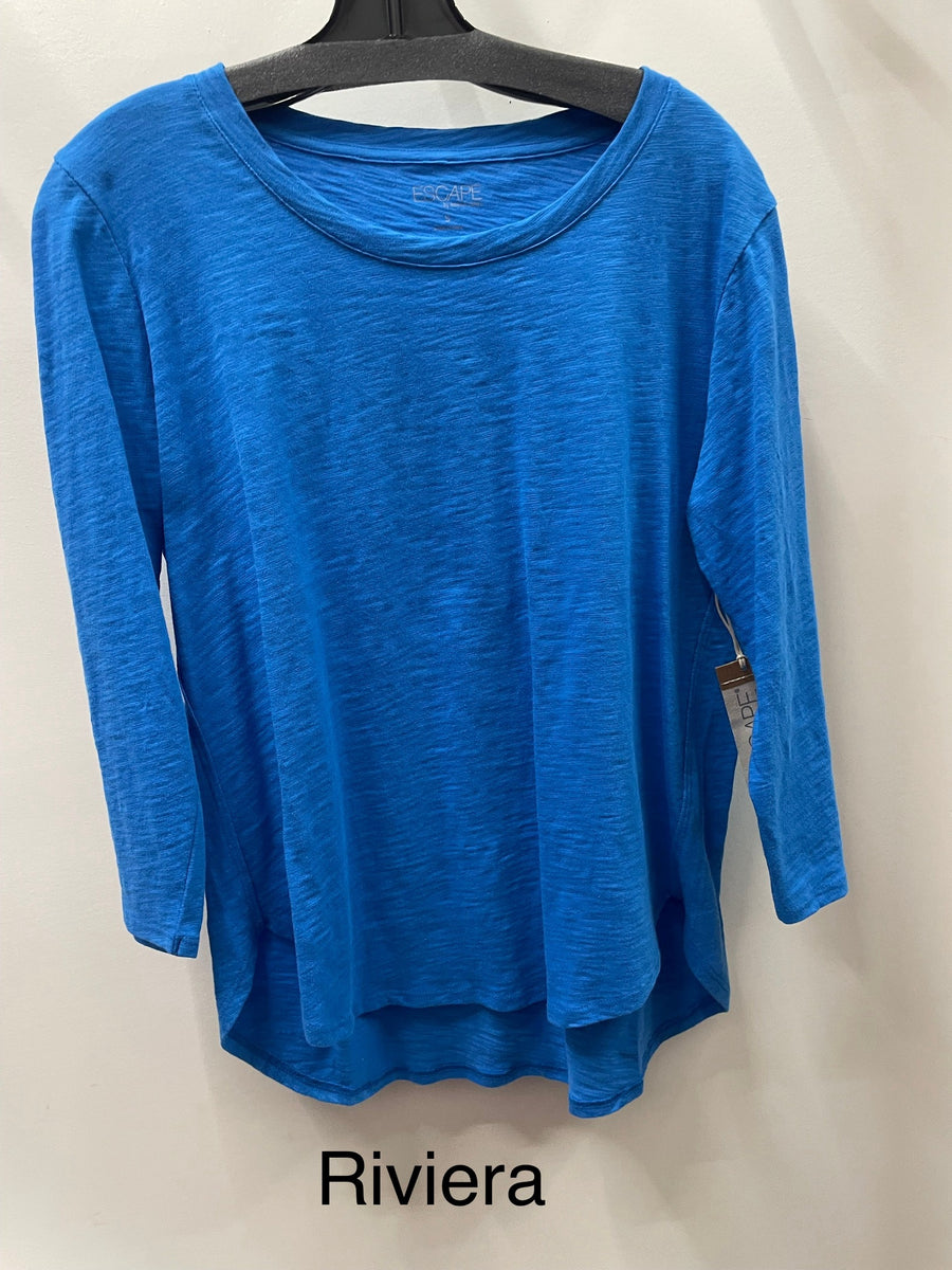 Solid Cotton Slub 3/4 Sleeve High-Low Tee by Escape
