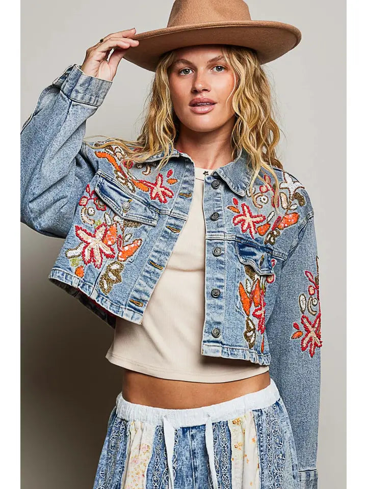 Beaded Cropped Jean Jacket