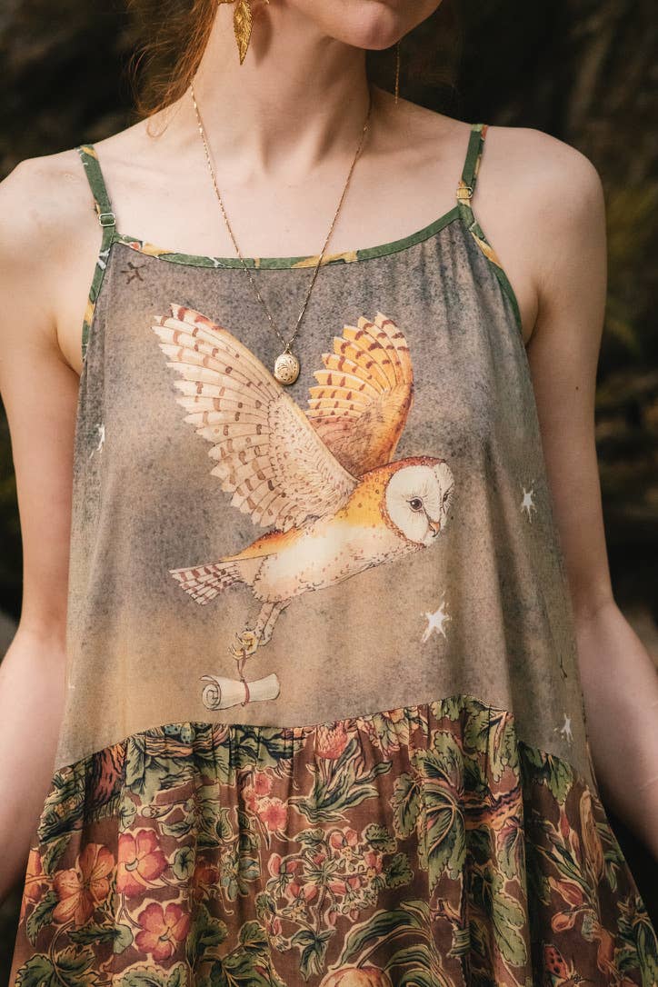 Woodland Wisdom Bohéme Maxi Slip Dress w/ Florals, Fox & Owl