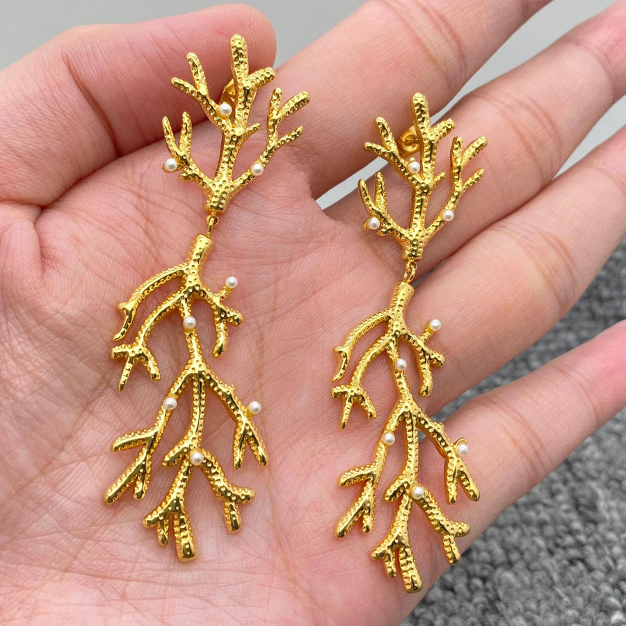 Inlaid Pearl Coral 18K Gold Plated Post Earrings - Robin Boutique