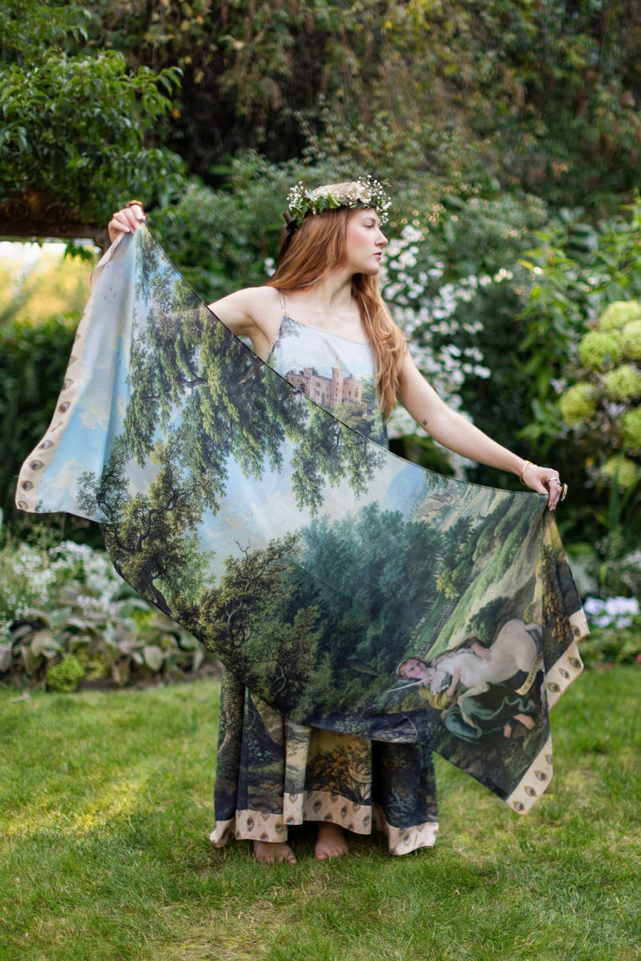 The Mythmaker Bohemian Scarf w/ pastoral landscape & unicorn