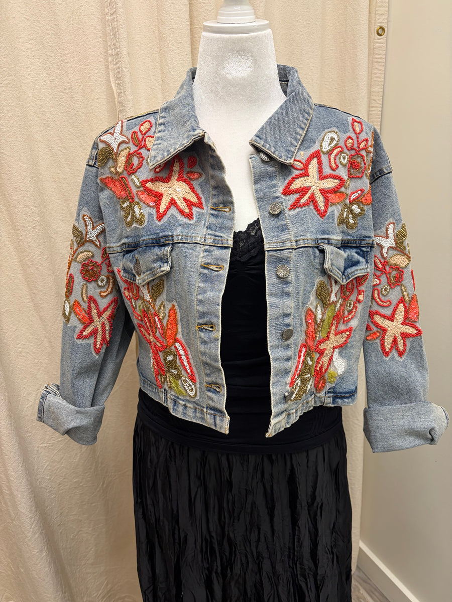 Beaded Cropped Jean Jacket