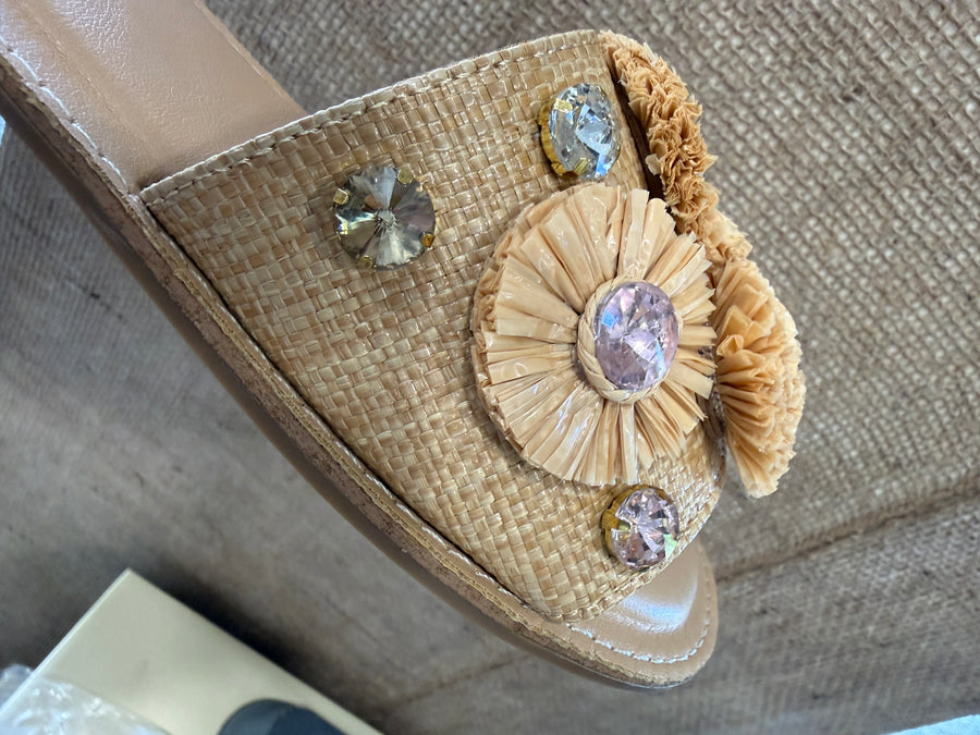 Raffia Embellished Sandal Slide Flats - Bamboo