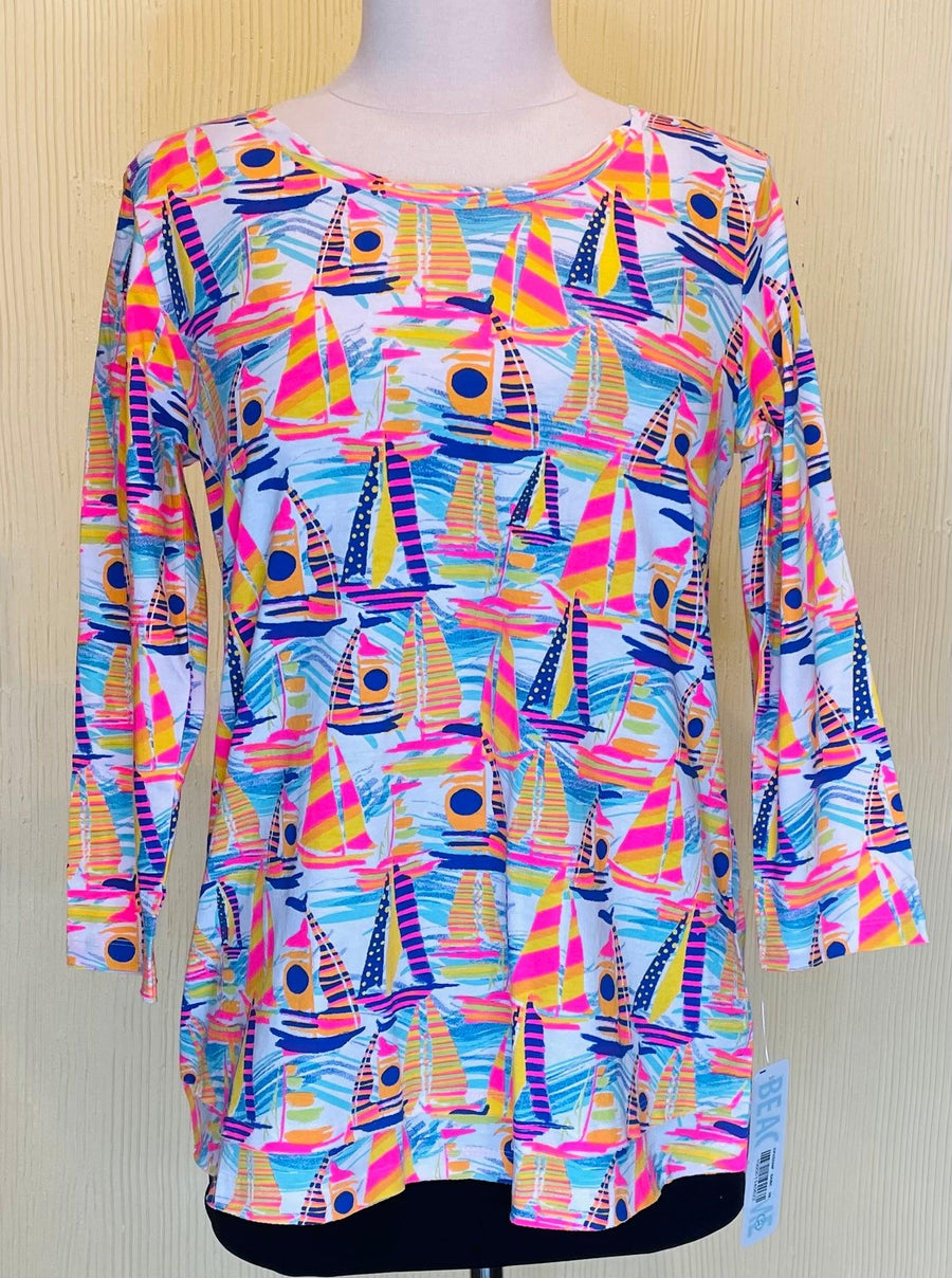 Beachtime Brenda Top CPX5254P 3/4 sleeve. Detailed round neck. - Robin Boutique-Boutique 