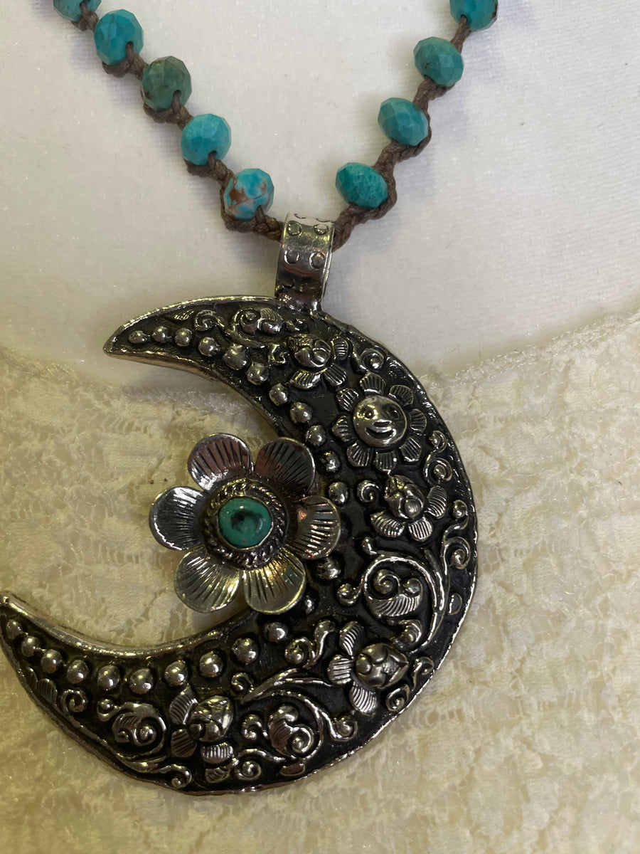 Tibetan Floral Crescent Moon Necklace by Tara Gasparian