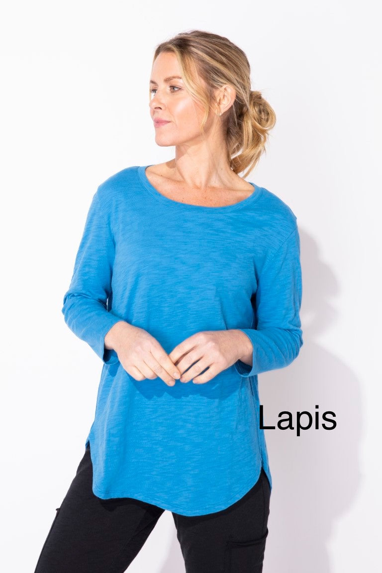 Solid Cotton Slub 3/4 Sleeve High-Low Tee by Escape