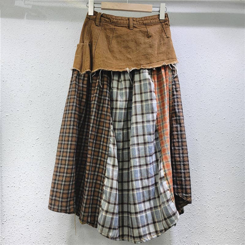 Spliced Plaid Denim High Waist A-Line Midi Skirt Robin Boutique