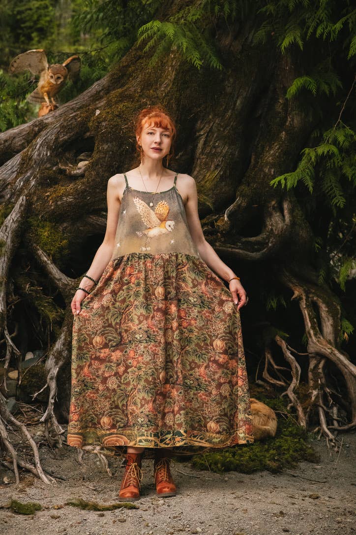 Woodland Wisdom Bohéme Maxi Slip Dress w/ Florals, Fox & Owl