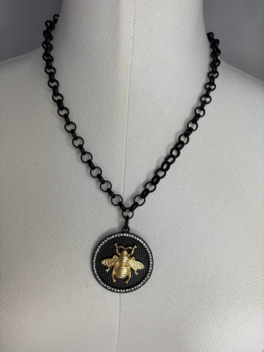 Matte Black Gold Bee Coin Necklace