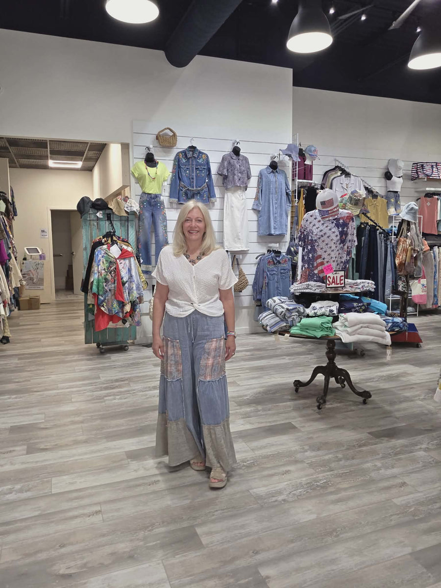 Printed Lace Denim Palazzo Pants by Davi & Dani