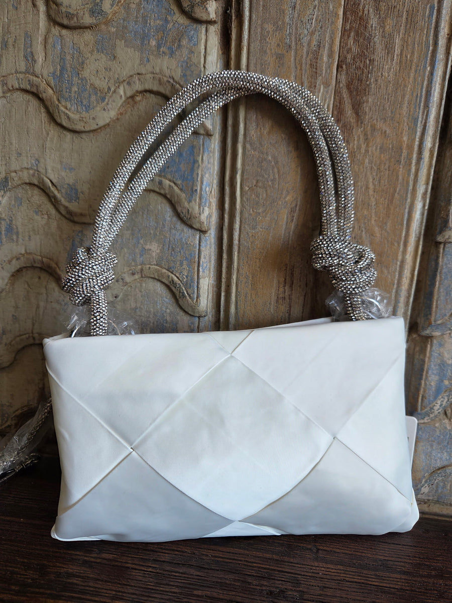 White Evening Handbag with Knotted Rhinestone Handle Robin Boutique