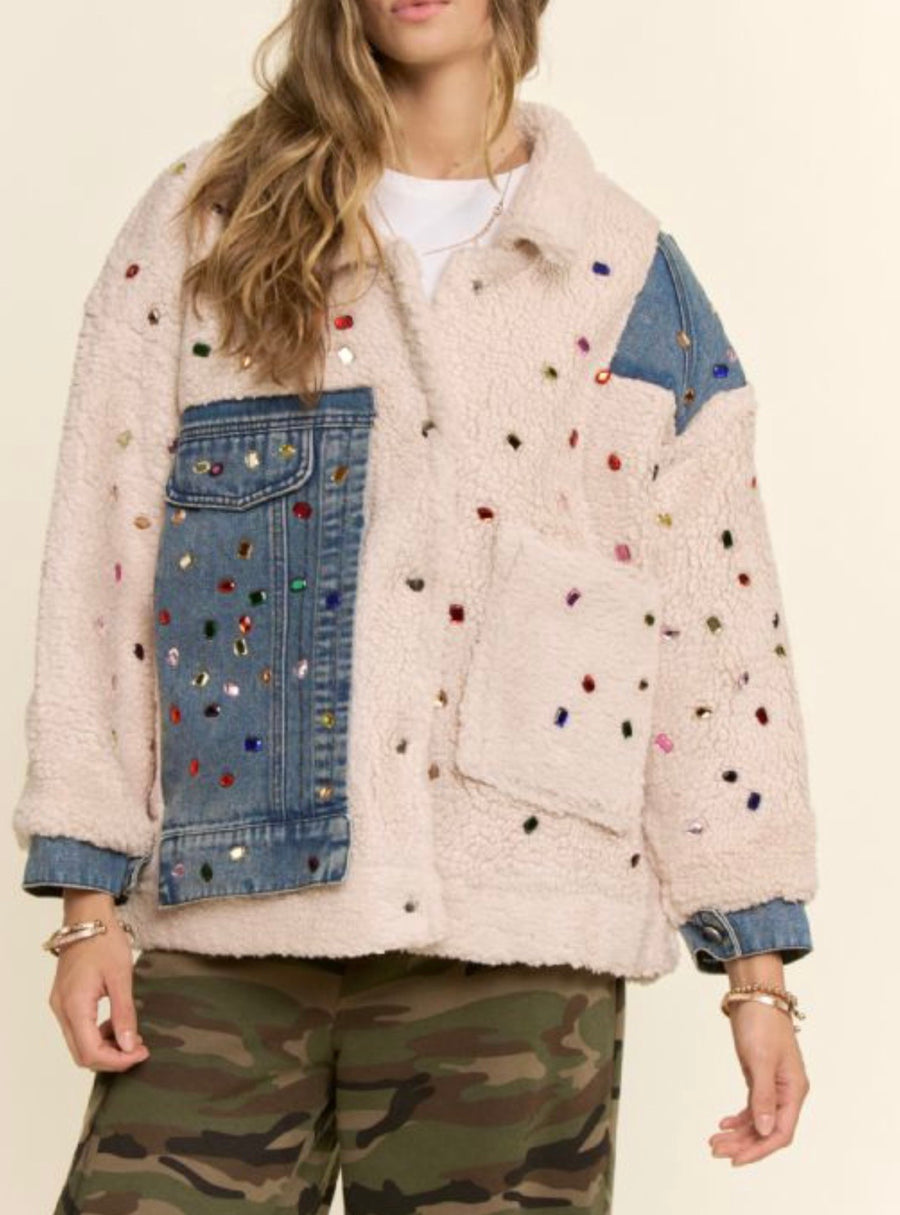 Front view of Gemstone Sherpa Denim Jacket By Davi & Dani - Robin Boutique