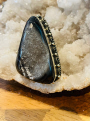 Drusy Black Triangle Agate Adjustable Ring