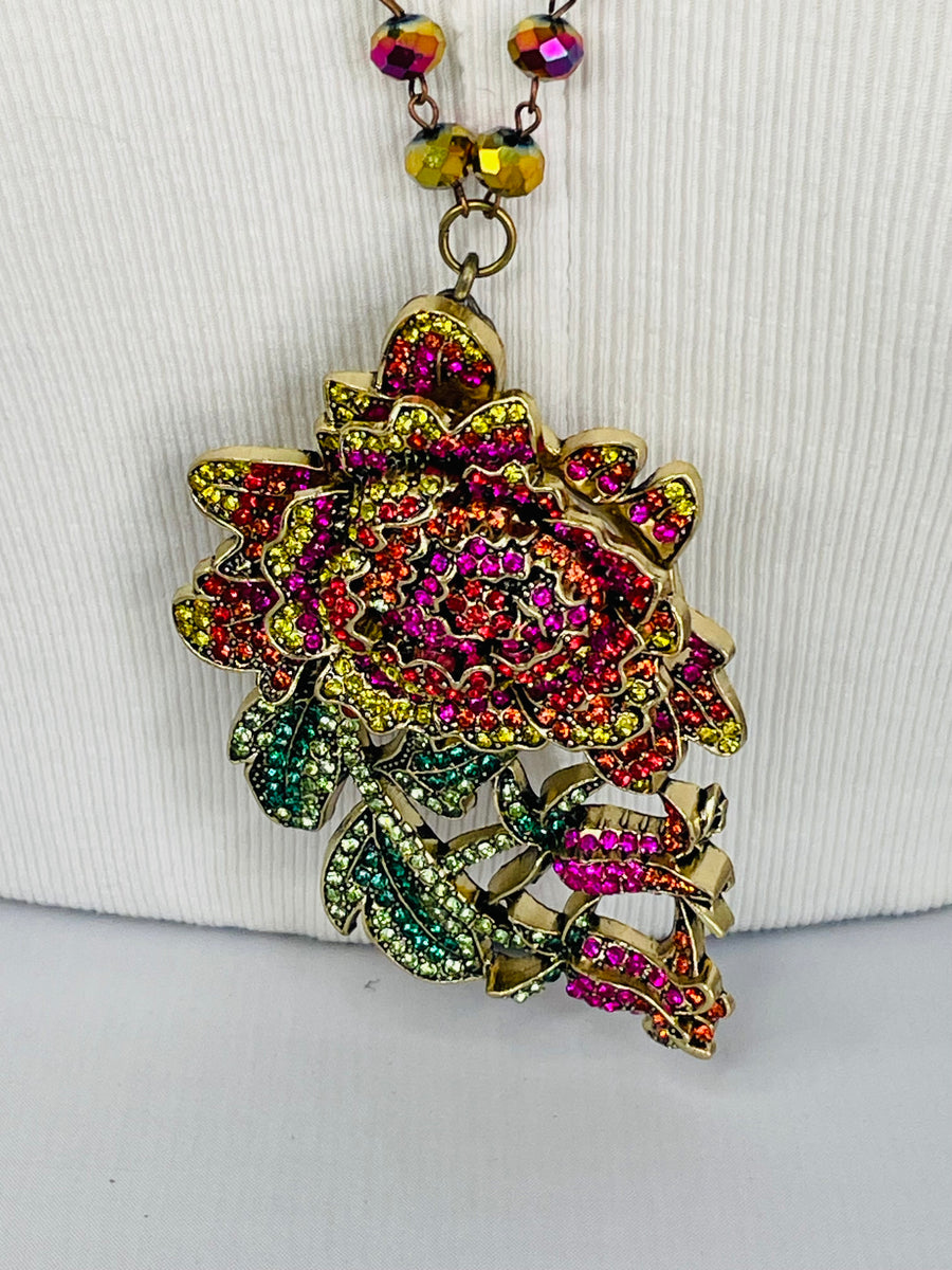 Rhinestone  Rainbow Rose Necklace by Gina