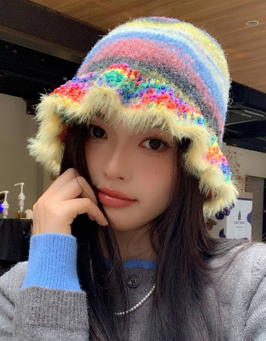 Colorful Mohair-Feel Ruffle Knit Beanie