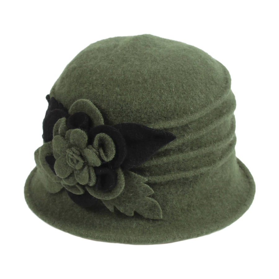 Boiled Wool Pleated Hat with Floral Detail