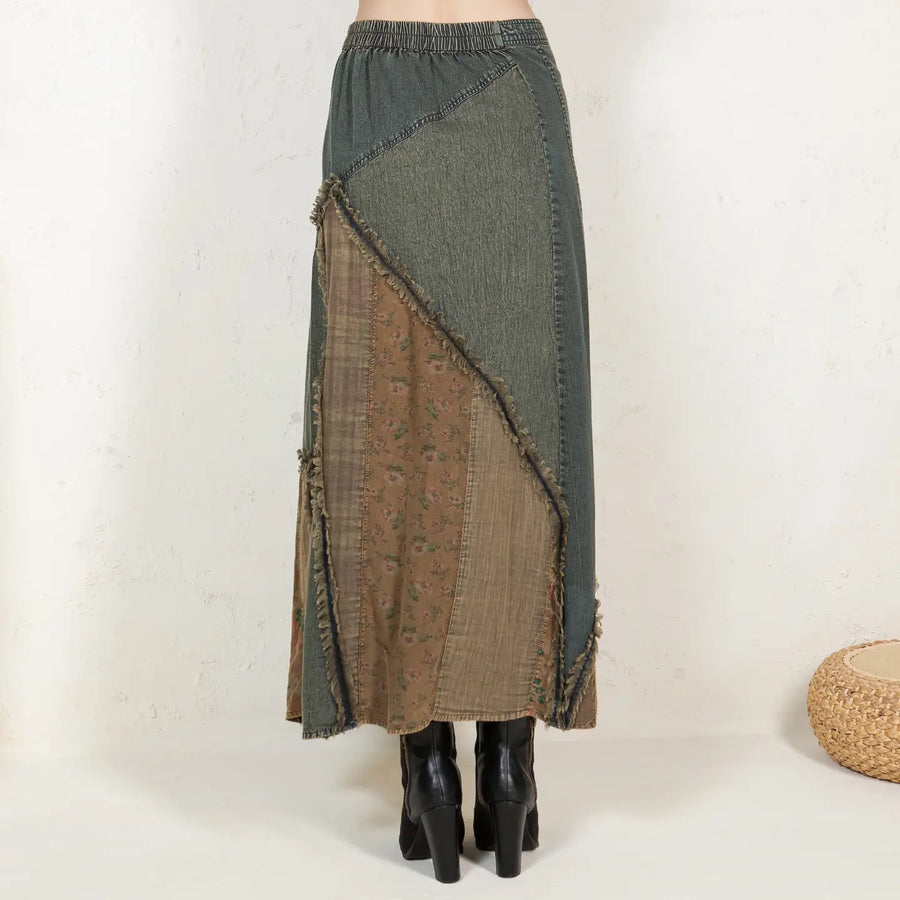 Western Boho Patch Denim Skirt by Young Threads