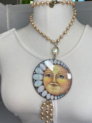 Long Pearl Crystal Moon Button Necklace by Gina