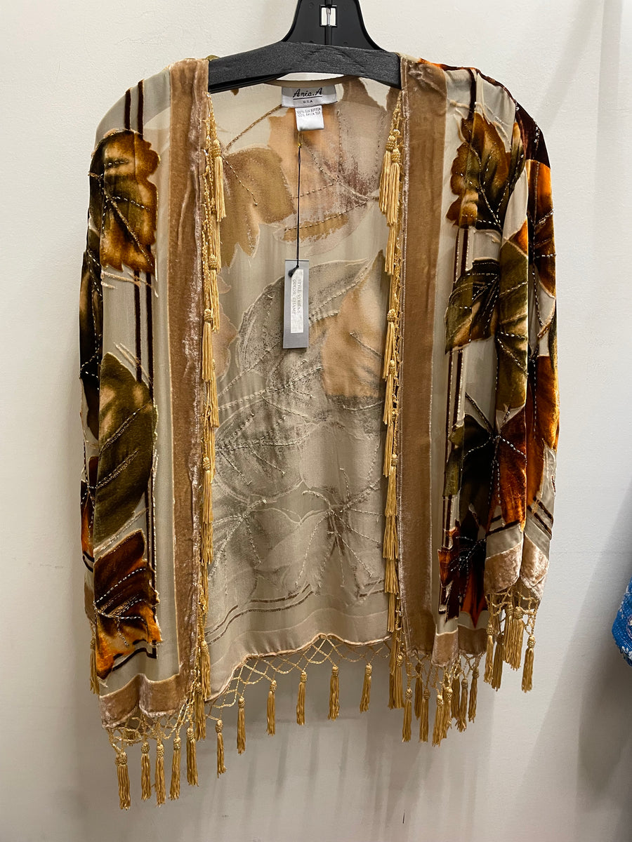 Silk Burnout Velvet Fringe Shortie Kimono by Aris A