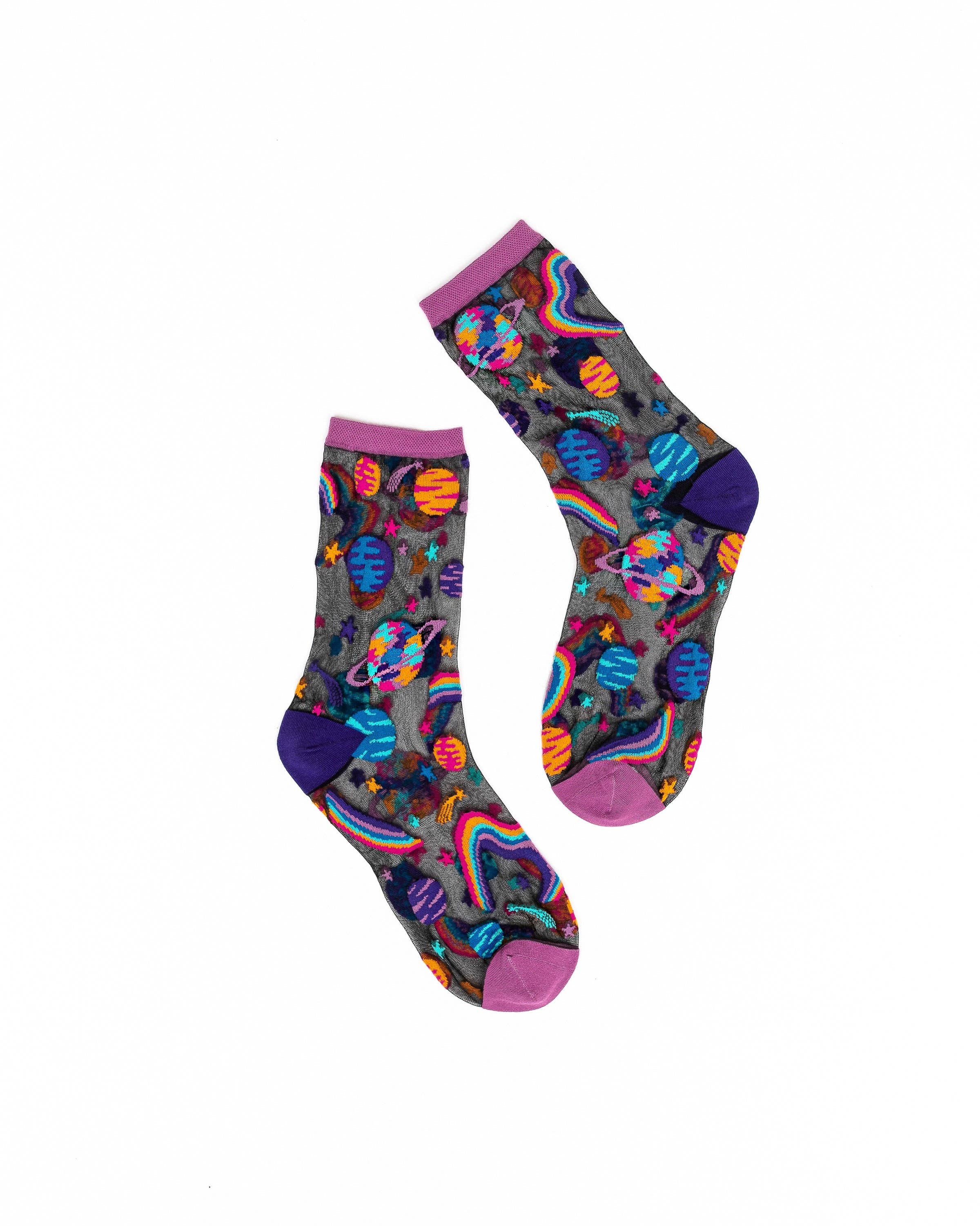 Pop Art Planets Black Sheer Crew Sock Robin Boutique