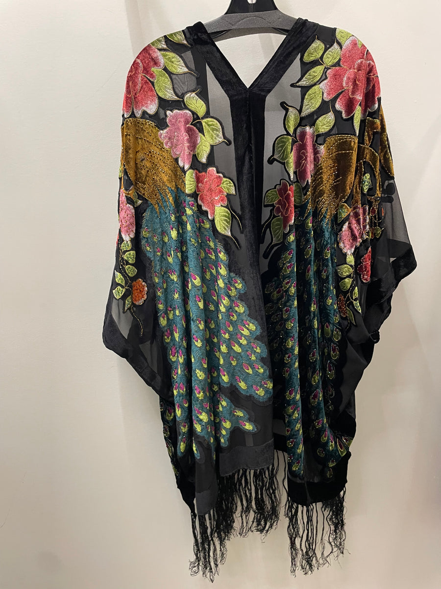 Silk Burnout Velvet Fringe Peacock Kimono by Aris A