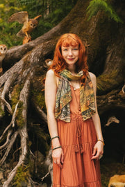 Woodland Wisdom Bohemian Scarf with Florals, Rabbit & Moths Robin Boutique
