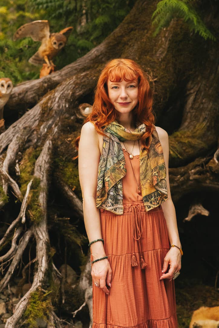 Woodland Wisdom Bohemian Scarf with Florals, Rabbit & Moths Robin Boutique