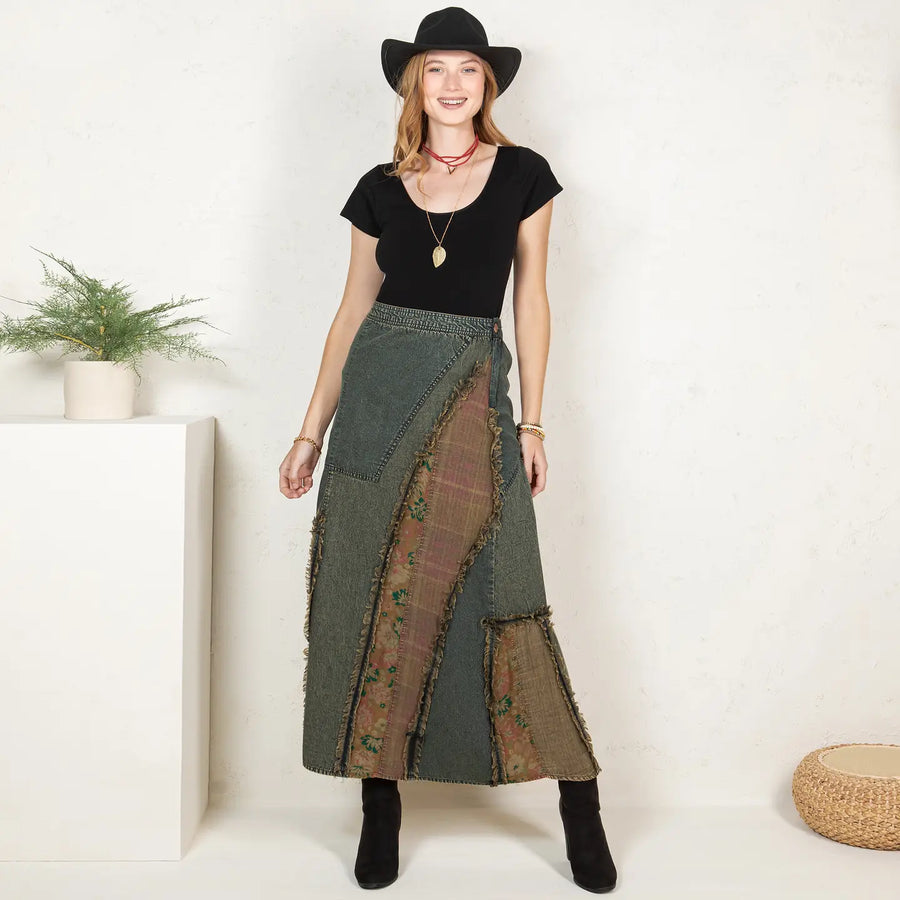 Western Boho Patch Denim Skirt by Young Threads
