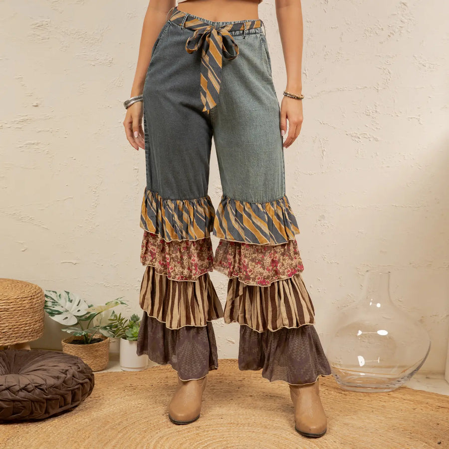 Mixed Print Ruffle Flare Pants by Young Threads