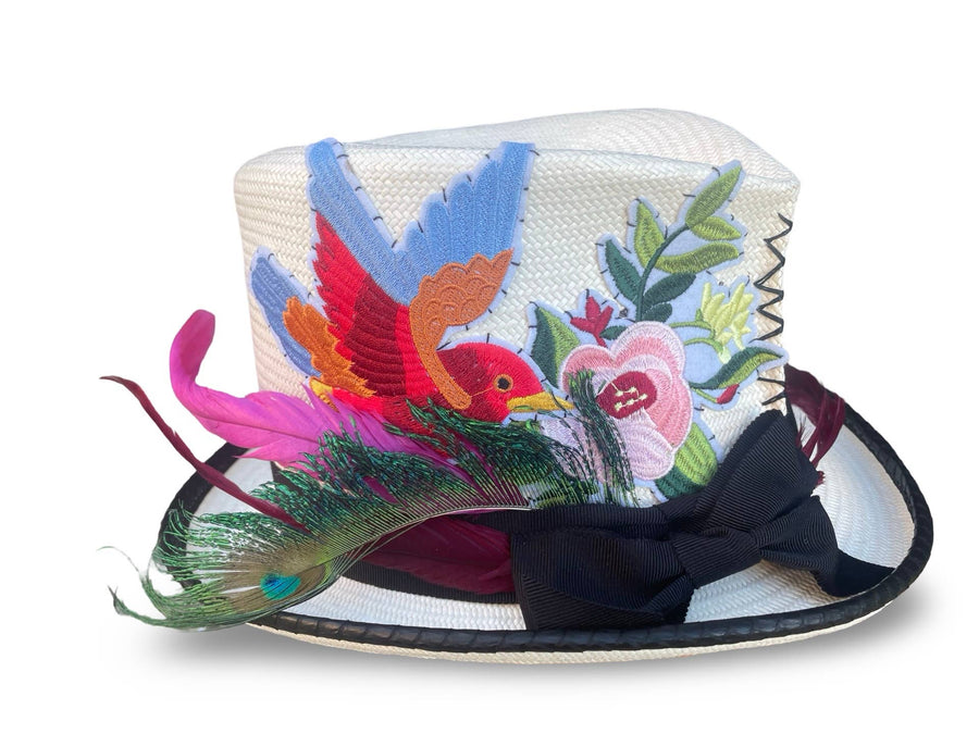 Meadow - Signature Pinch Front Top Hat with feather and bird detail Robin Boutique