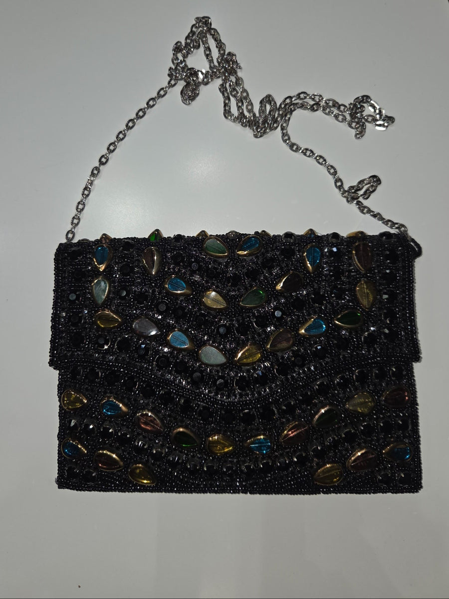 Evening Clutch Handbag with Semi Precious Stones in Black - Robin Boutique