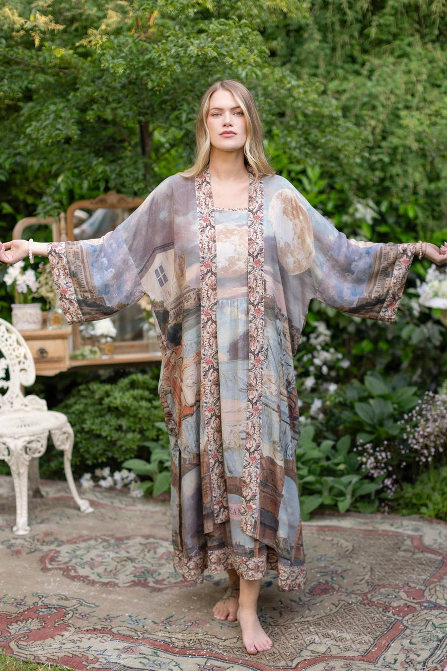 Additional view of Imaginarium Opera Duster Kimono Robe with Moon, long length from Robin Boutique.