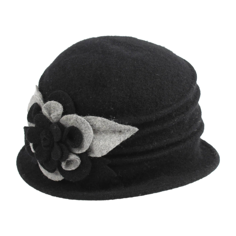 Boiled Wool Pleated Hat with Floral Detail